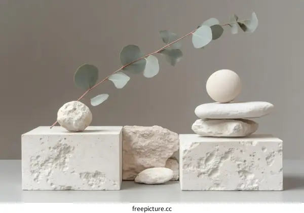 Minimalist Aesthetic Composition with Stones and Eucalyptus