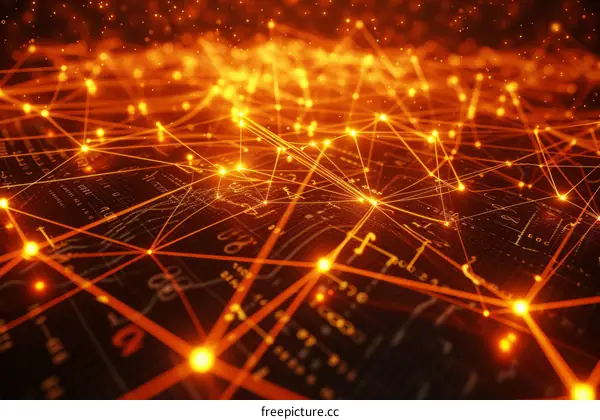 Abstract futuristic illustration of a digital landscape with glowing orange nodes and lines of a computer network