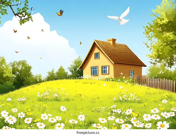 Springtime Cottage with Flowers and Birds