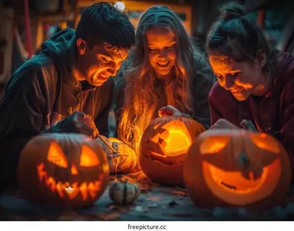 Three people carving pumpkins for Halloween
