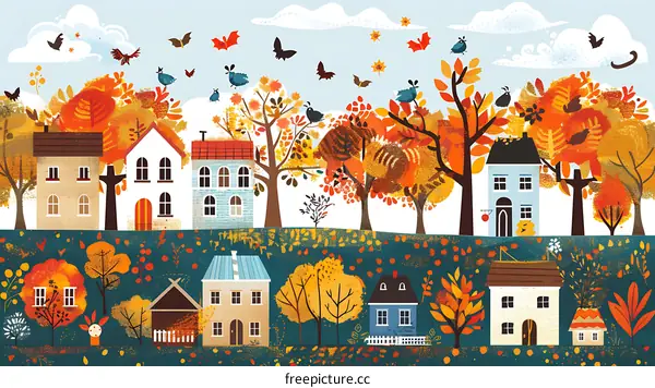 Autumn Village Illustration With Colorful Houses And Trees