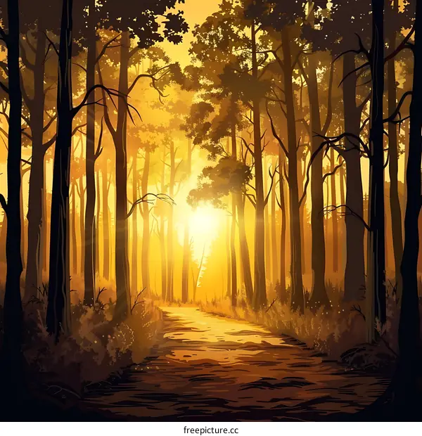 Golden Sunset Forest Path Illustration