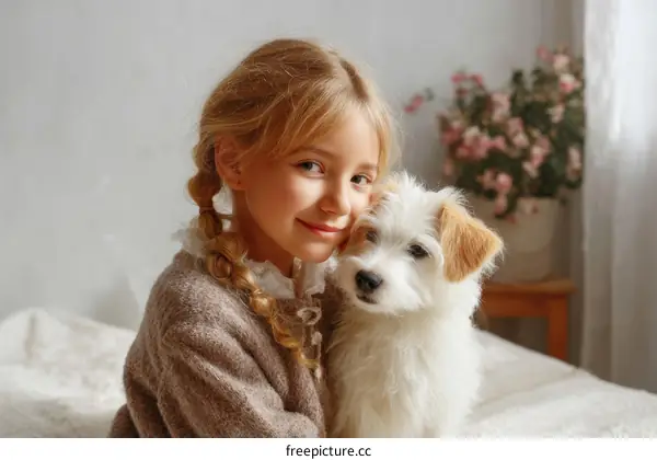 Adorable Girl with a Puppy in a Cozy Interior