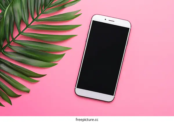 Minimalist Flat Lay of White Smartphone with Palm Leaf on Pink Background