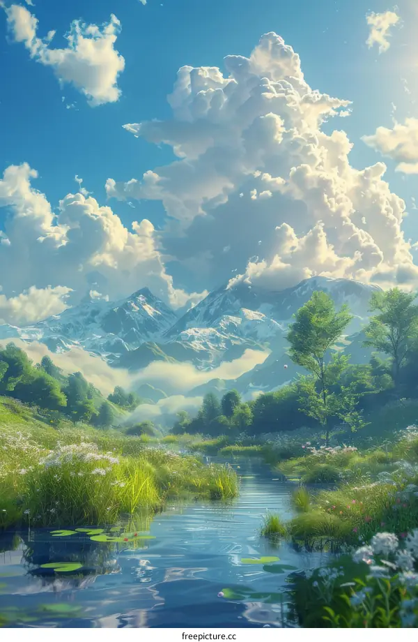 A Serene Mountain Valley Landscape in Sunlight