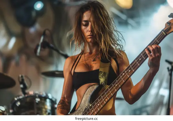 Female bass player on stage during a live music concert
