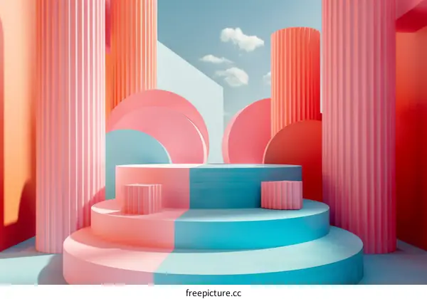 3D rendering of pink and blue podiums against a blue sky with clouds