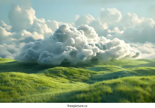 Fluffy clouds over grassy hills