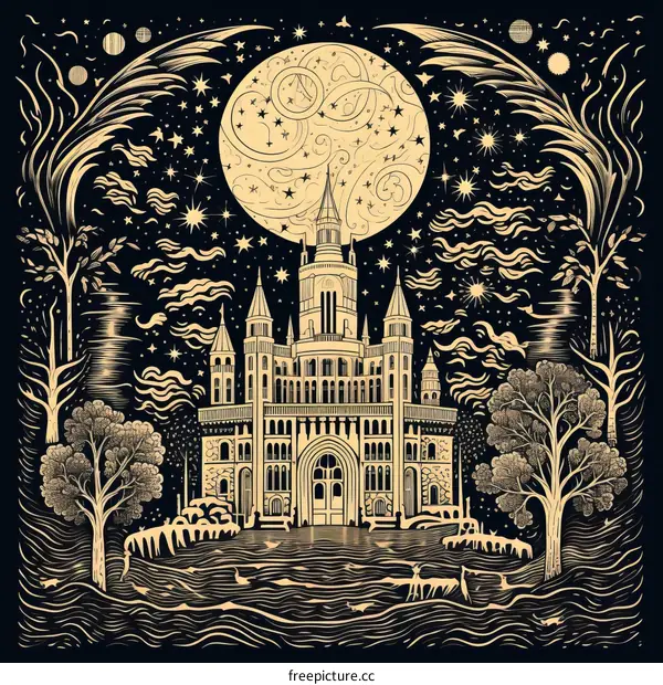 Vintage illustration of a haunted house