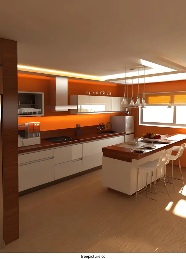 Modern Kitchen Design with Orange Walls and Wooden Cabinets