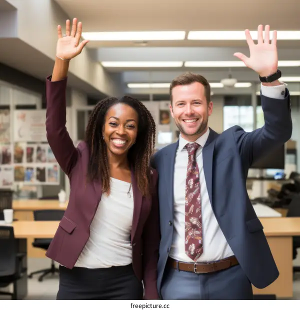 Two business professionals, one black woman and one white man, standing in an office space and waving at the camera.