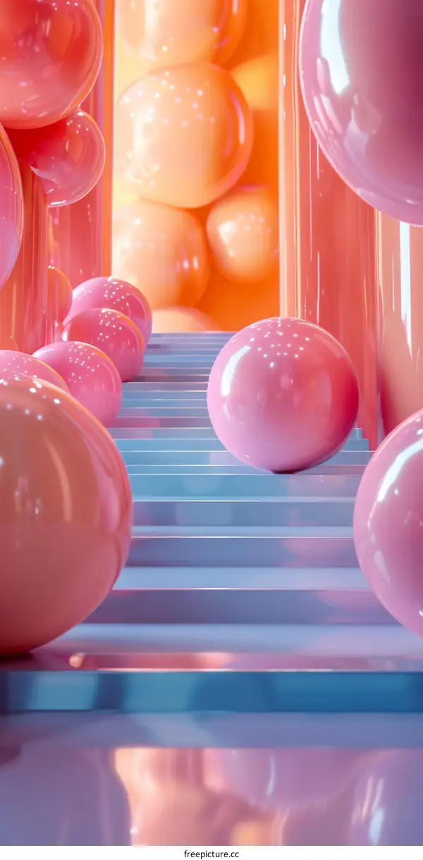 Abstract Pink and Orange Spheres on Blue Stairs