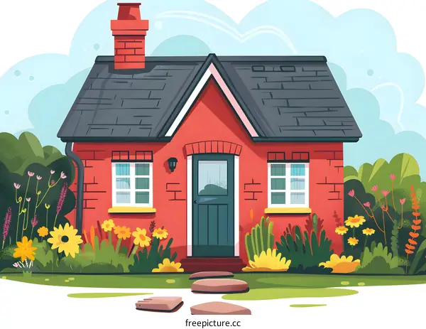 Red Brick Cottage with Flowers and a Green Lawn