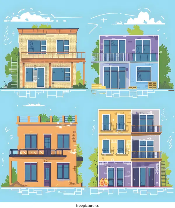 Collection of Four Different Style Houses Illustration
