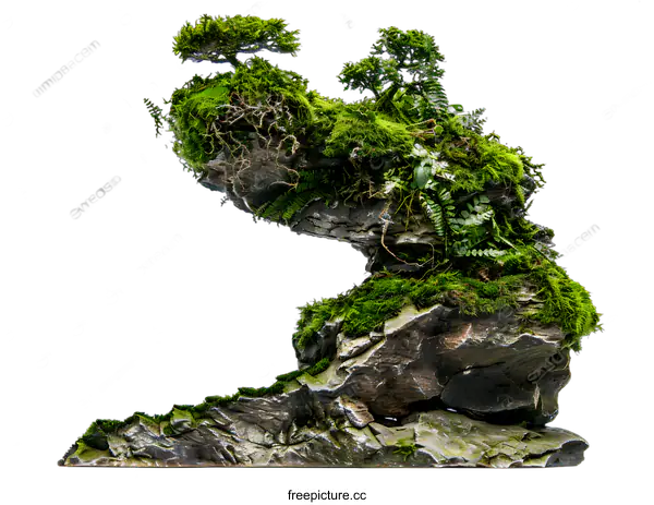 [Transparent Background PNG]Green Mossy Rock Formation Isolated on White Background