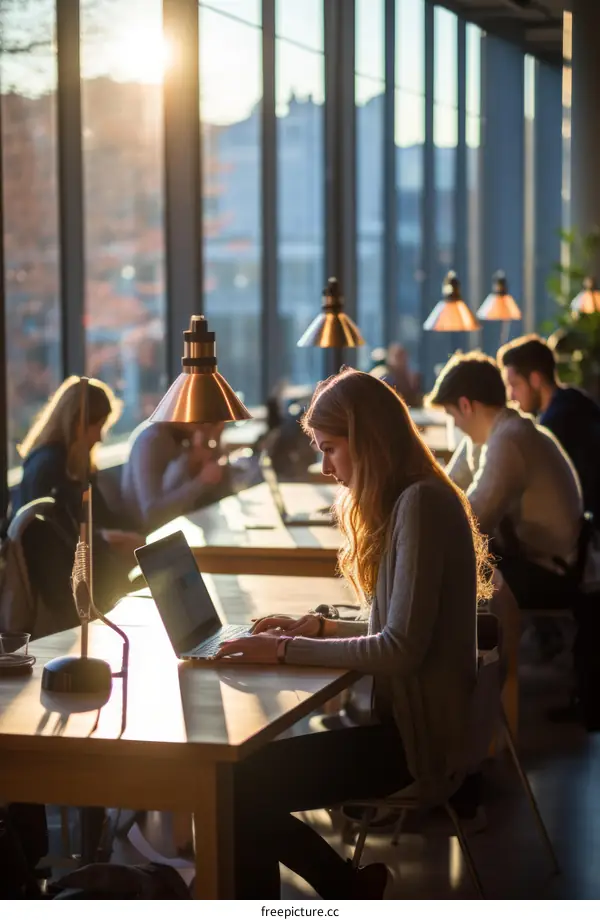 Focused young woman working on laptop in modern office space with large windows