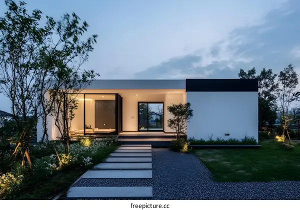 Modern Minimalist White House with Garden and Stone Path