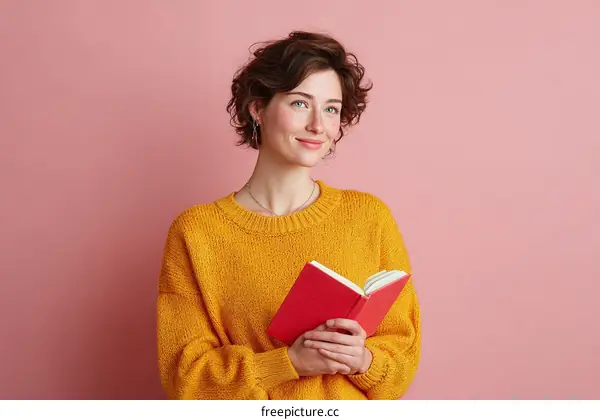 Woman Reading a Book Against a Pink Background
