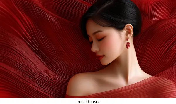 Elegant Asian Woman in Red Draped Fabric