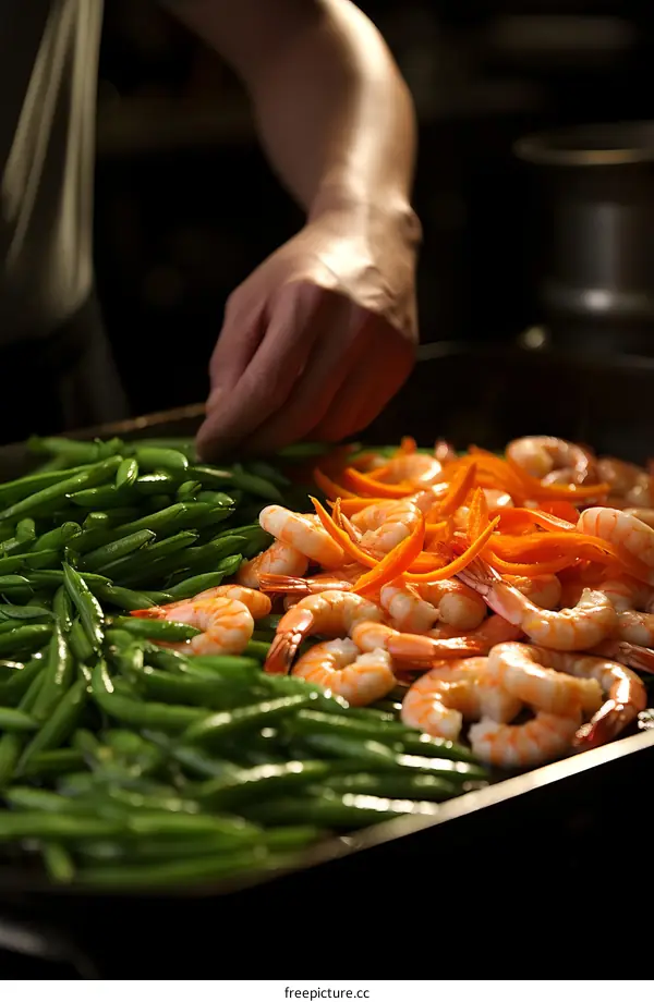 Chef is cooking green beans, shrimps and carrot slices