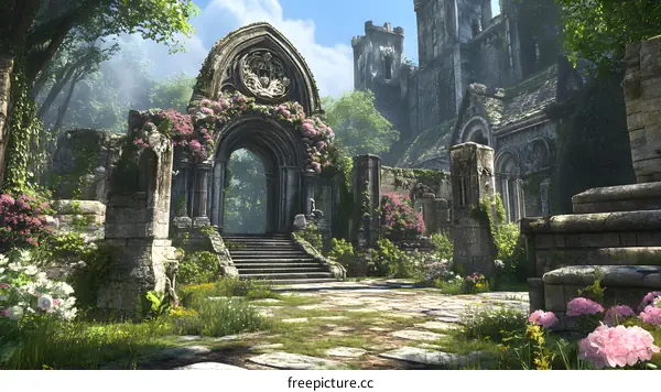 Ruins of a Medieval Stone Archway overgrown with Plants and Flowers