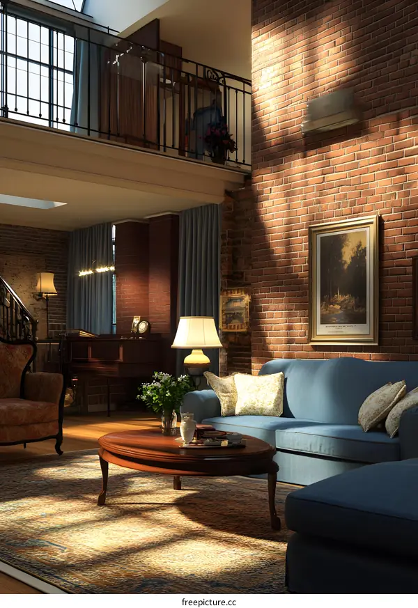 Modern Interior Design with Brick Wall and Blue Sofa