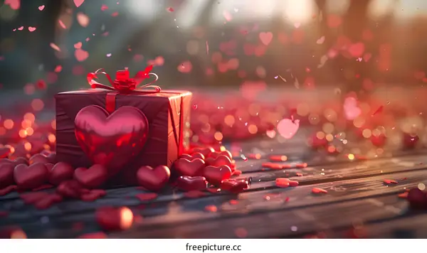 Red gift box with a heart-shaped lid and a red ribbon