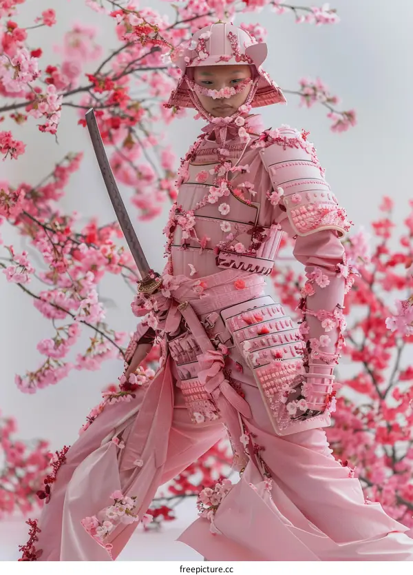 A model wearing a pink samurai armor with cherry blossoms