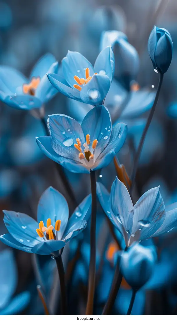 Blue Flowers with Raindrops in a Field