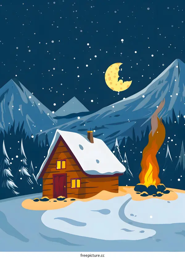 Cozy Cabin in Winter Wonderland Night Landscape