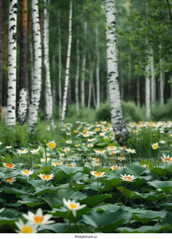 White and yellow water lilies in a pond surrounded by a birch forest