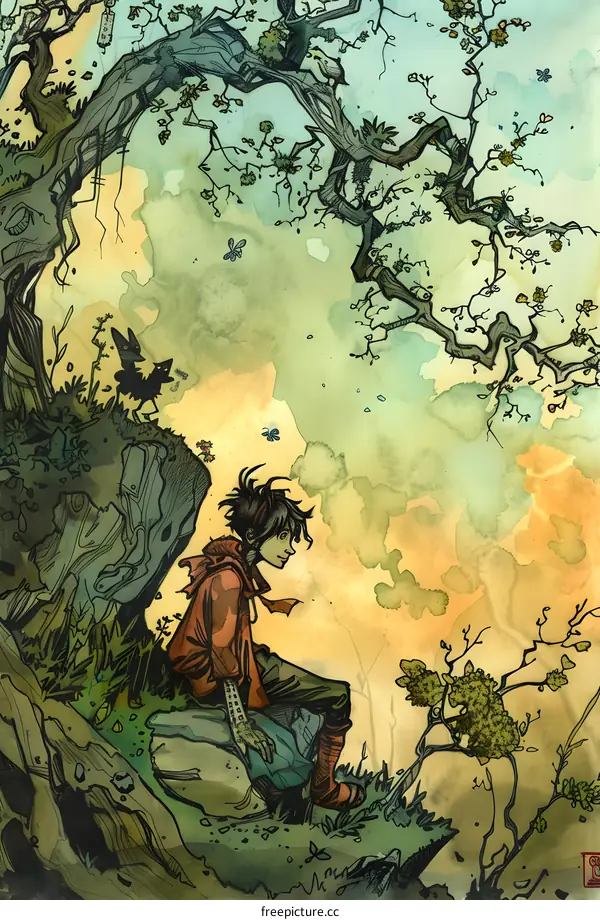 Girl Sitting Under a Tree with Birds in Watercolor Illustration