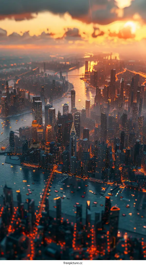 Aerial View of a Futuristic Cityscape at Sunset