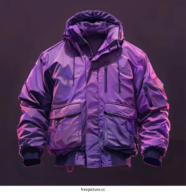 A purple winter jacket with a hood and multiple pockets.