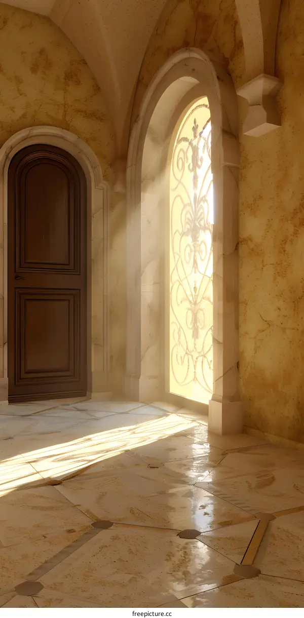 Arched Doorway with Ornate Iron Gate and Sunbeams