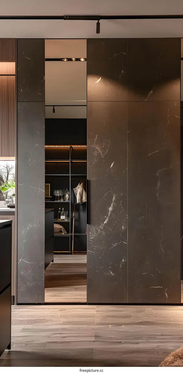 Modern Interior Design with Wooden Floor and Dark Marble Panels