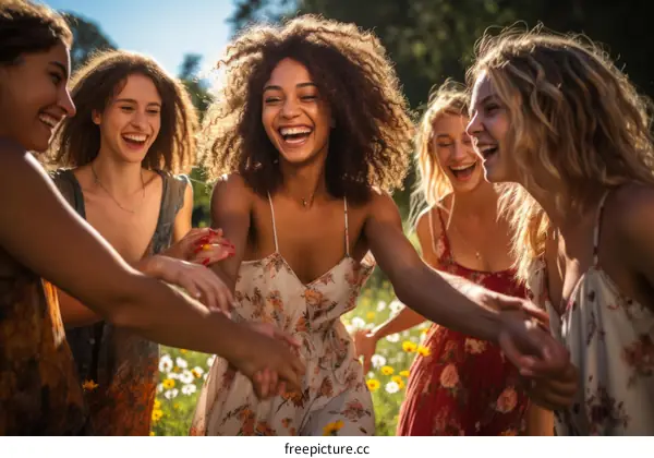 Laughing and holding hands in a field of flowers