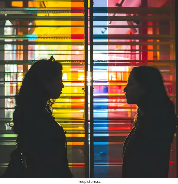 Two Silhouettes of Women Facing Each Other Through Colorful Glass