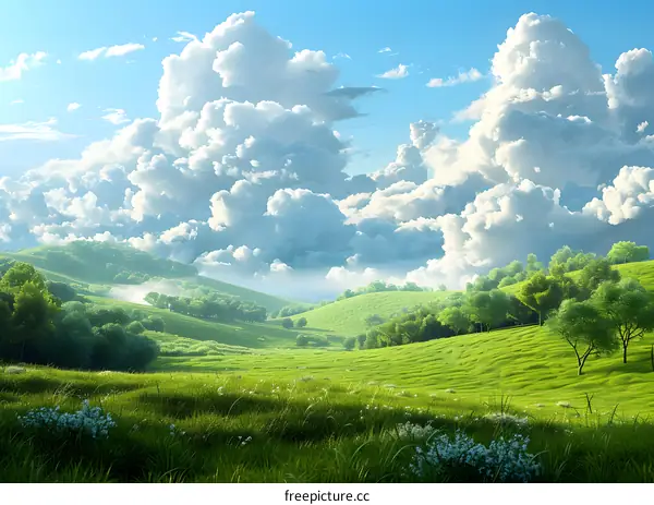 The vast green grassland under the blue sky and white clouds
