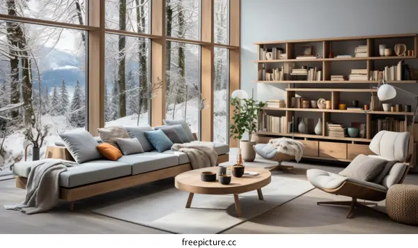 Modern Living Room with a Floor-to-Ceiling Window Overlooking a Snow-Covered Forest