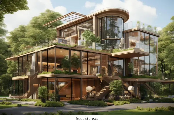 futuristic glass house surrounded by lush greenery