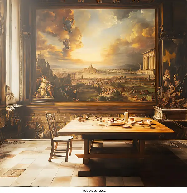 Painting of a Cityscape with a Table and Chair in Front