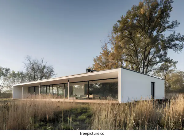 Modern Minimalist House with Large Windows in a Field