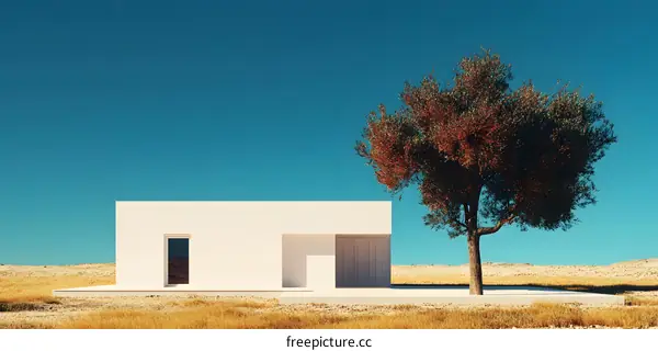Minimalist White House with Tree in Desert Landscape