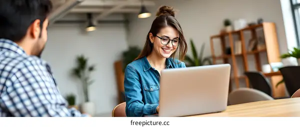 Smiling Woman Using Laptop in Modern Office