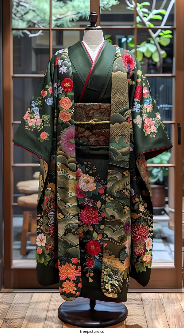 A kimono with a floral pattern and a golden obi.