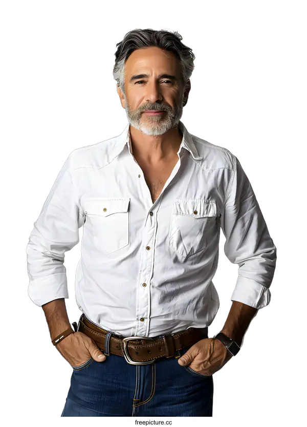 [Transparent Background PNG]Portrait of a Handsome Middle Aged Man Wearing a White Shirt and Jeans