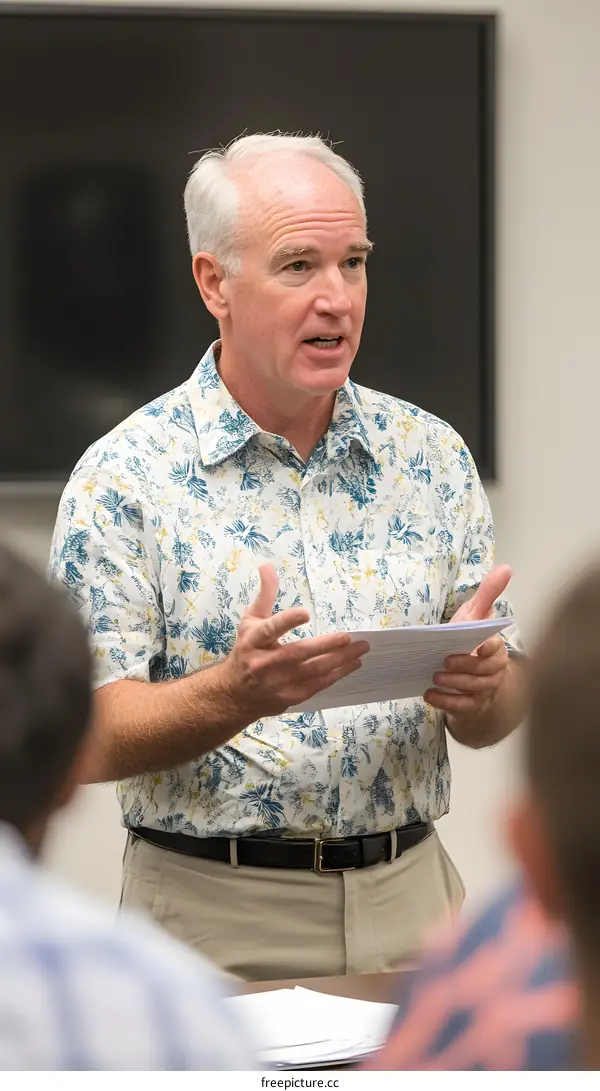 Man in Floral Shirt Giving Presentation