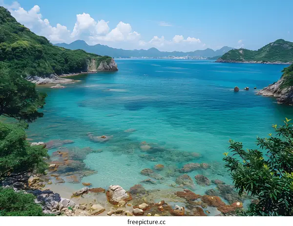 Clear Blue Water and Lush Green Mountain Landscape