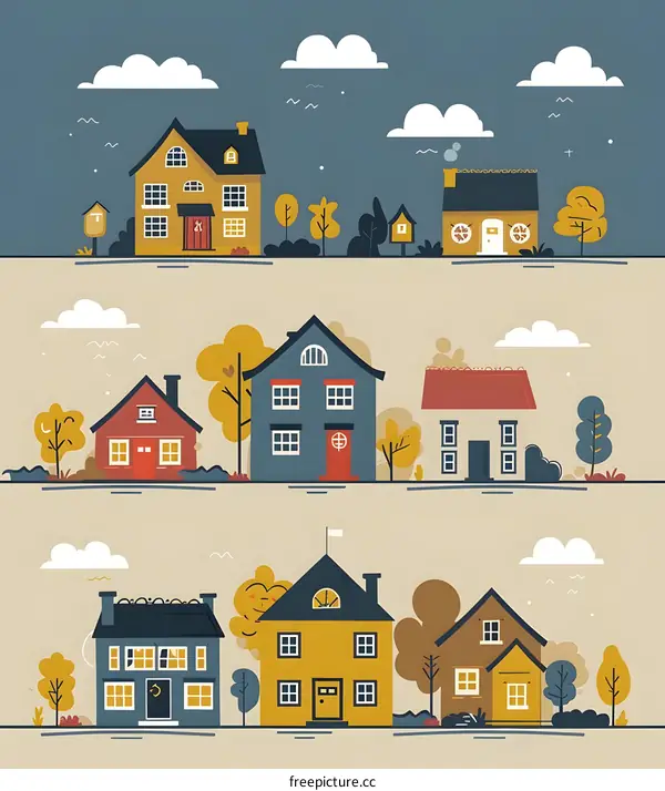 Cute Cartoon Colorful Illustration Of Row Houses With Autumn Trees